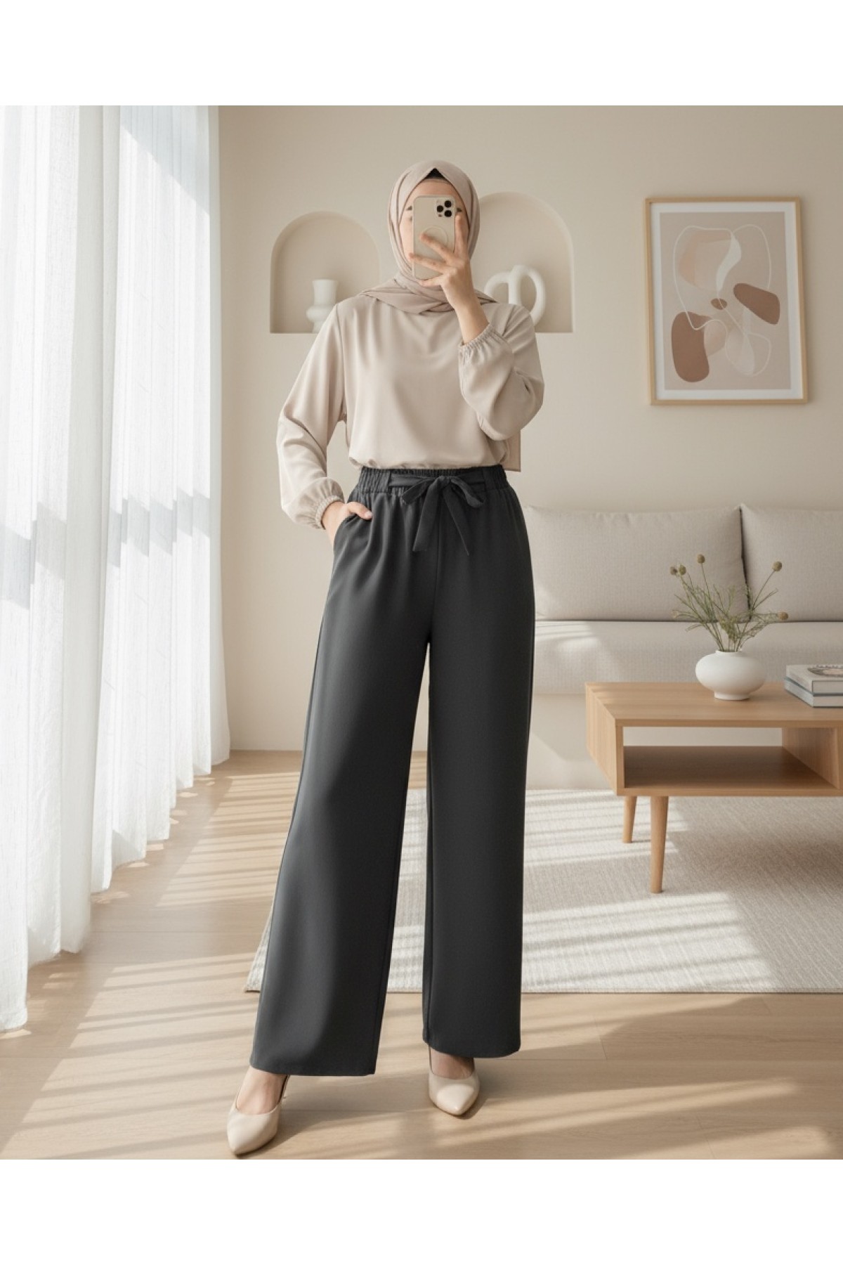 Moda Morfo Duble Kumaş Beli Kuşaklı Bol Paça Pantolon -Beyaz