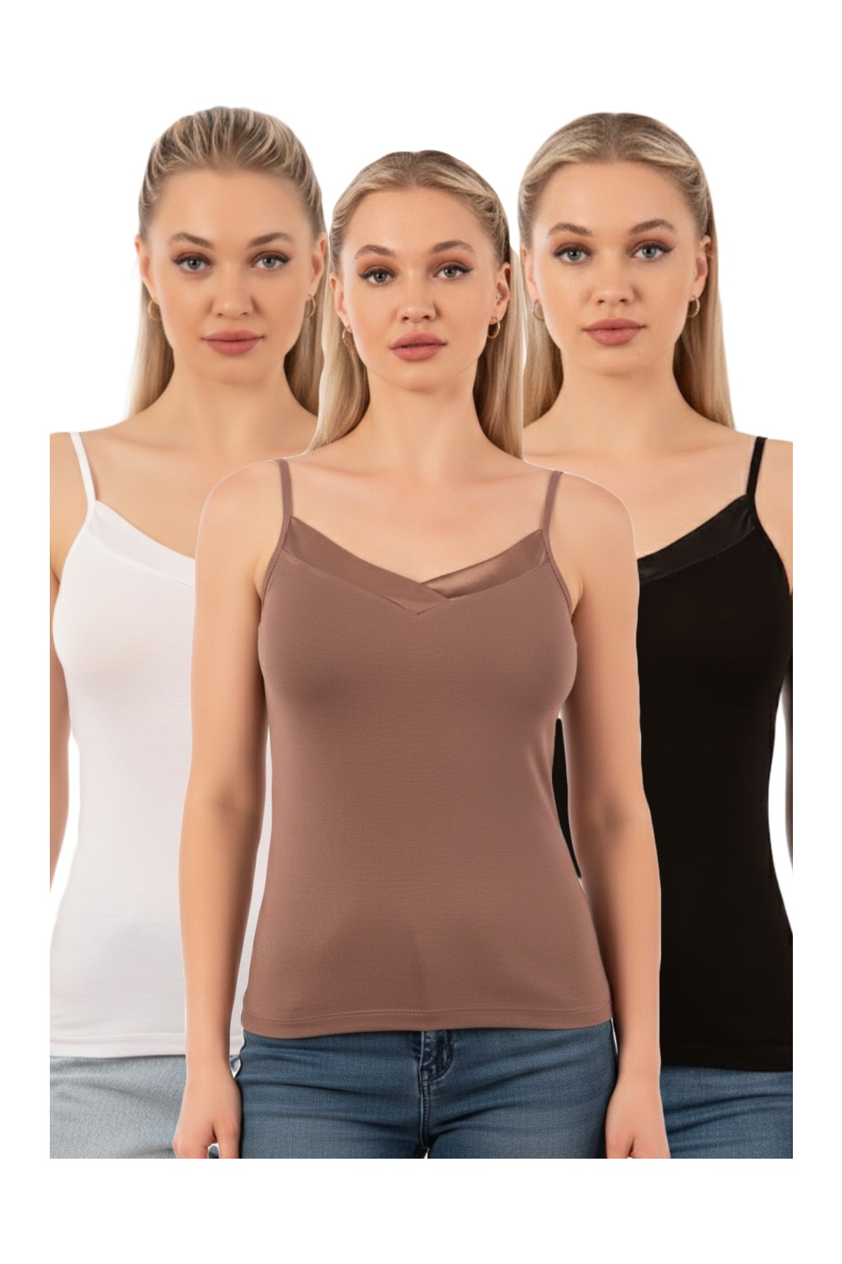 Özkan Underwear Özkan 2040 3'lü Paket Kadın Viskon Siyah Beyaz Taş Saten Yakalı Karışık Renk Atlet Esnek Rahat Ince Askılı Atlet