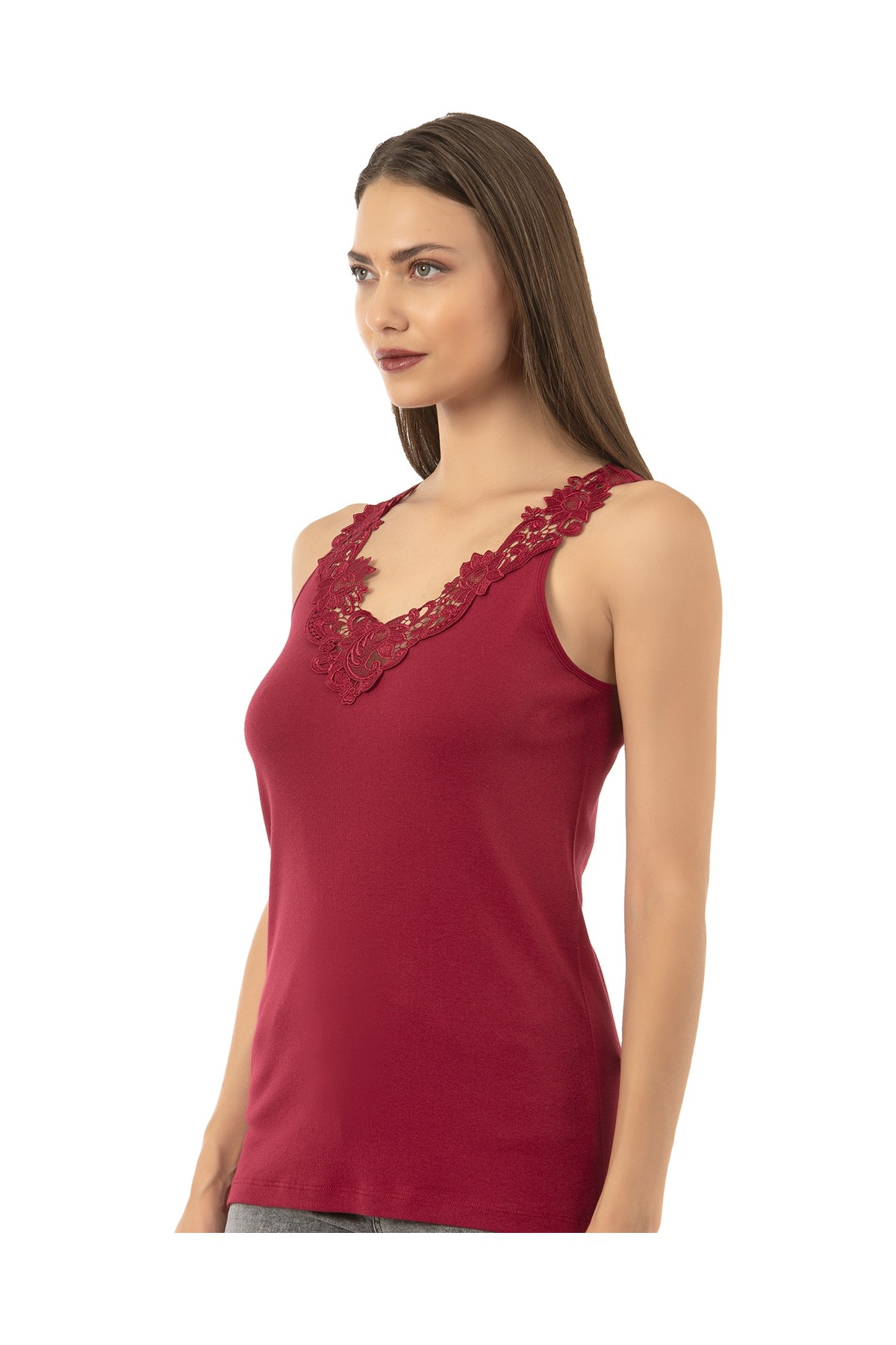 Özkan Underwear Özkan 2001 Kadın %100 Pamuklu Ribana Dantelli Güpürlü Manolya Atlet görsel 3