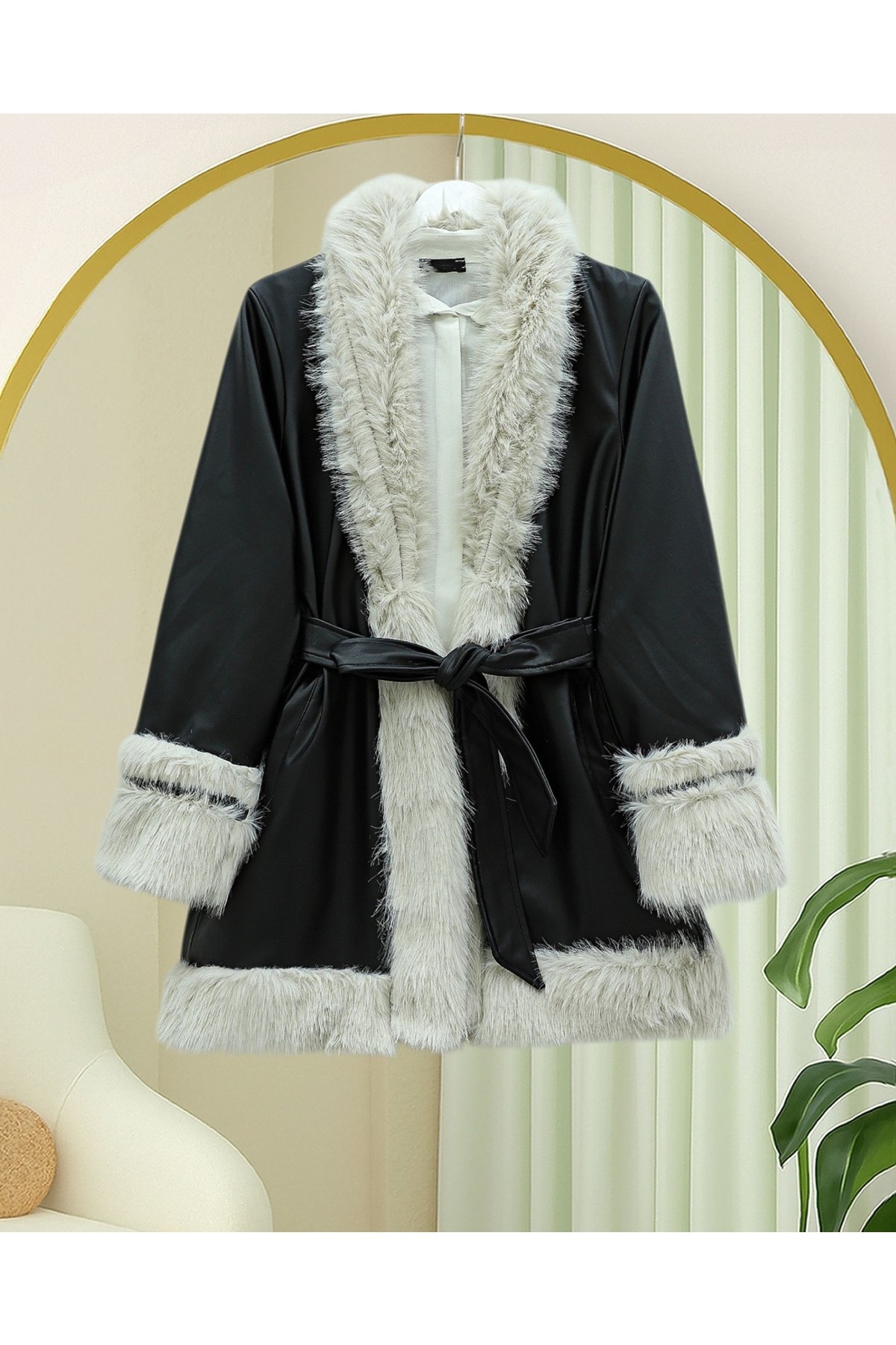 Moda Morfo Yakası Ve Kolu Kürklü Astarlı Kemerli Deri Ceket -Kahve