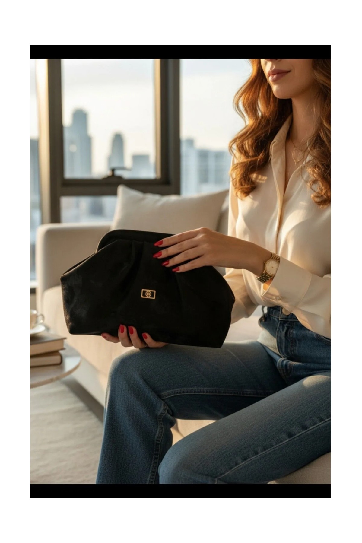 Class Bag Kadın Siyah Yansımalı Saten Süet Yumuşak Suni Deri Askılı Clutch Portföy Günlük / Abiye Çanta görsel 2