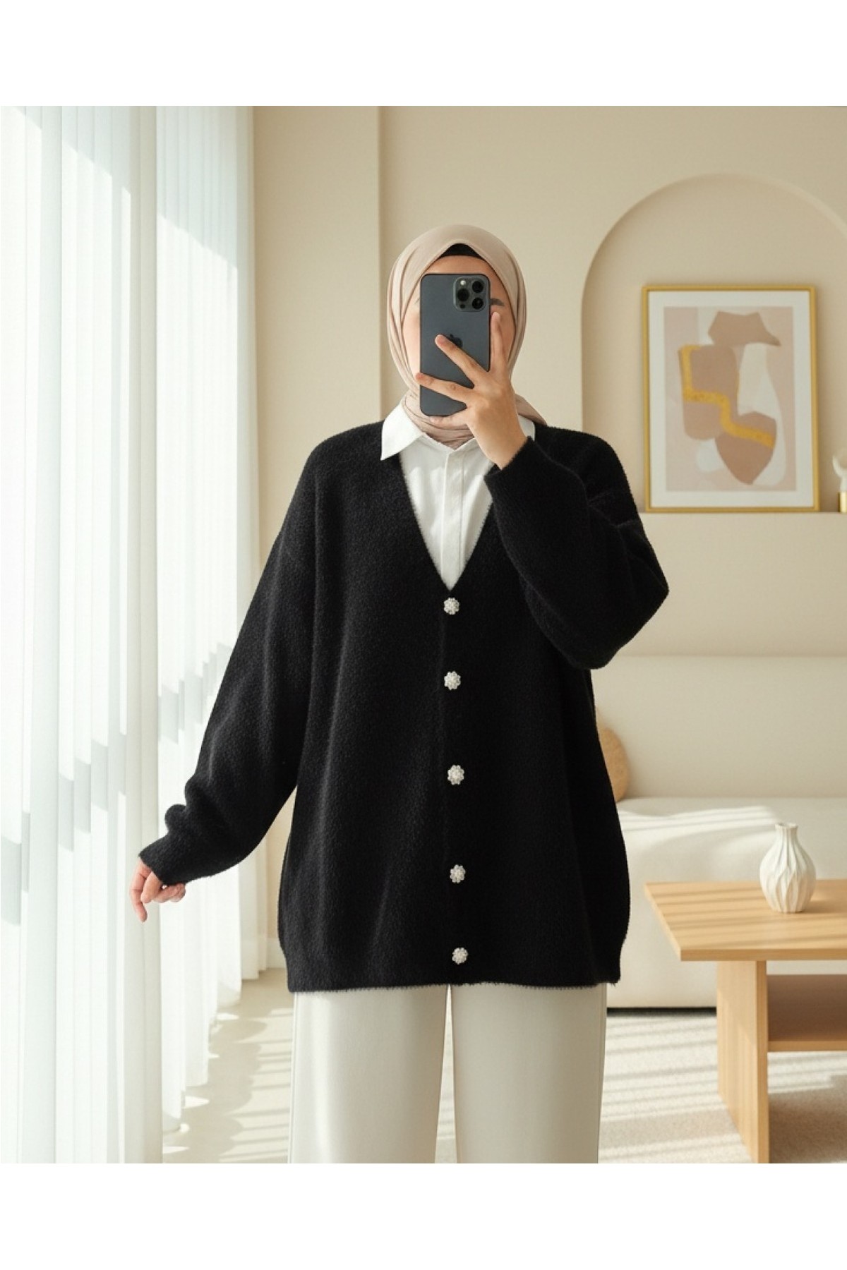 Moda Morfo Önü Düğmeli Sakallı Salaş Triko Hırka -Siyah görsel 7