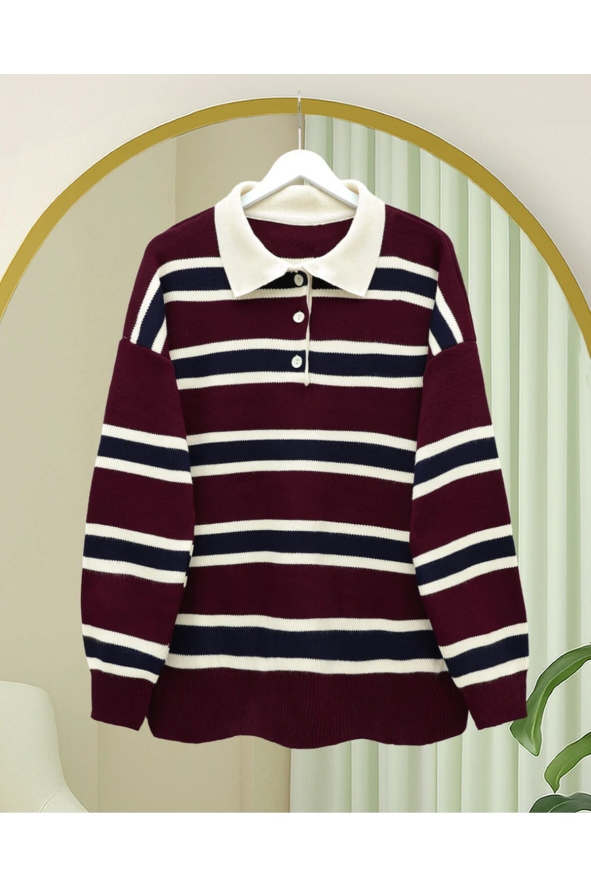 Moda Morfo Polo Yaka Düğmeli Renkli Çizgili Triko Kazak -Toprak görsel 4