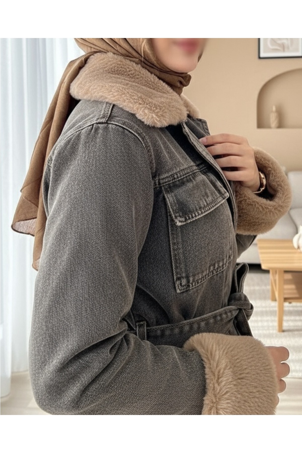 Moda Morfo Yakası Ve Kolu Kürklü Önü Bağlamalı Cepli Kot Ceket -İndigo görsel 2
