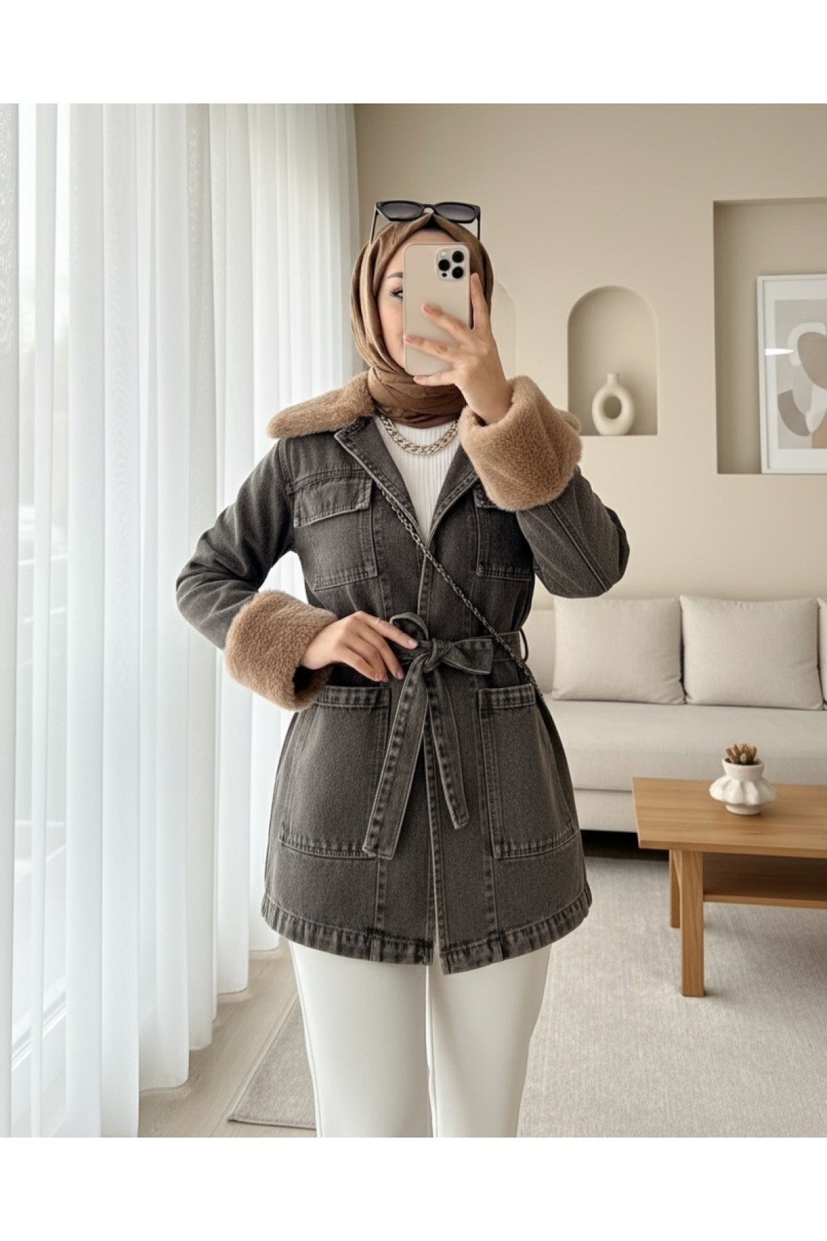 Moda Morfo Yakası Ve Kolu Kürklü Önü Bağlamalı Cepli Kot Ceket -İndigo görsel 3