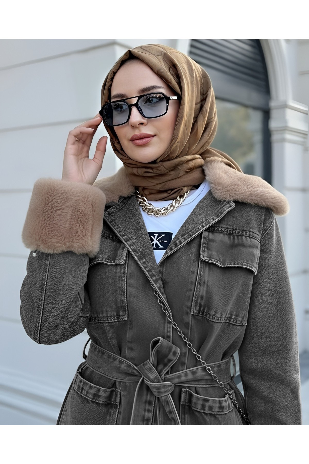 Moda Morfo Yakası Ve Kolu Kürklü Önü Bağlamalı Cepli Kot Ceket -İndigo görsel 4