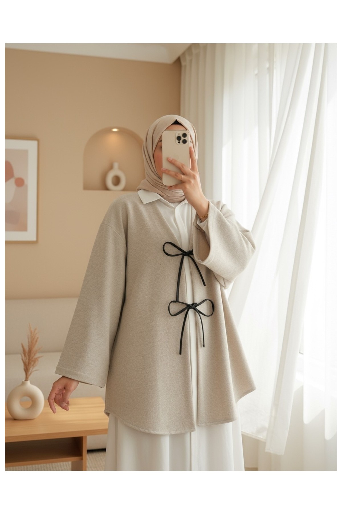 Moda Morfo Önü Bağcıklı Oval Kesim Kaşe Kimono -Laci görsel 7