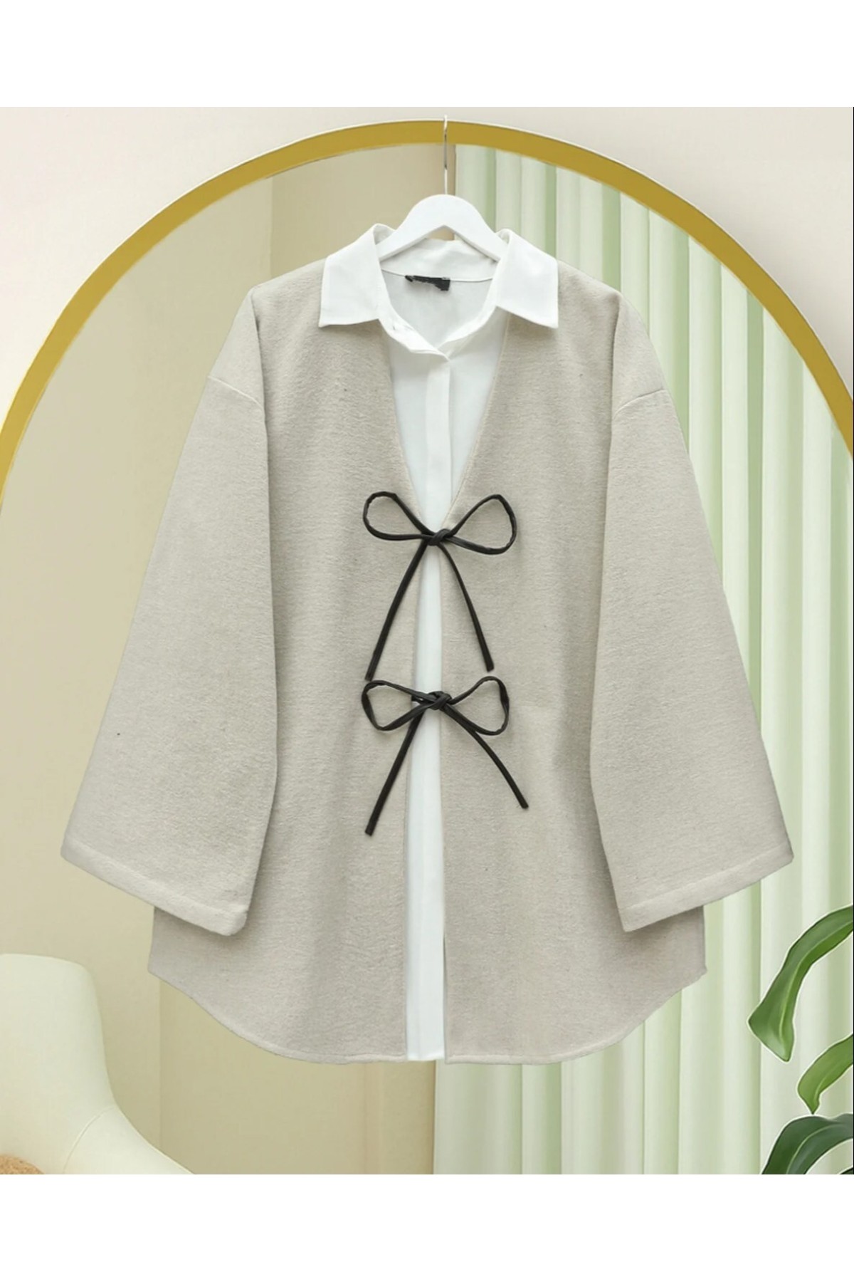 Moda Morfo Önü Bağcıklı Oval Kesim Kaşe Kimono -Laci görsel 8