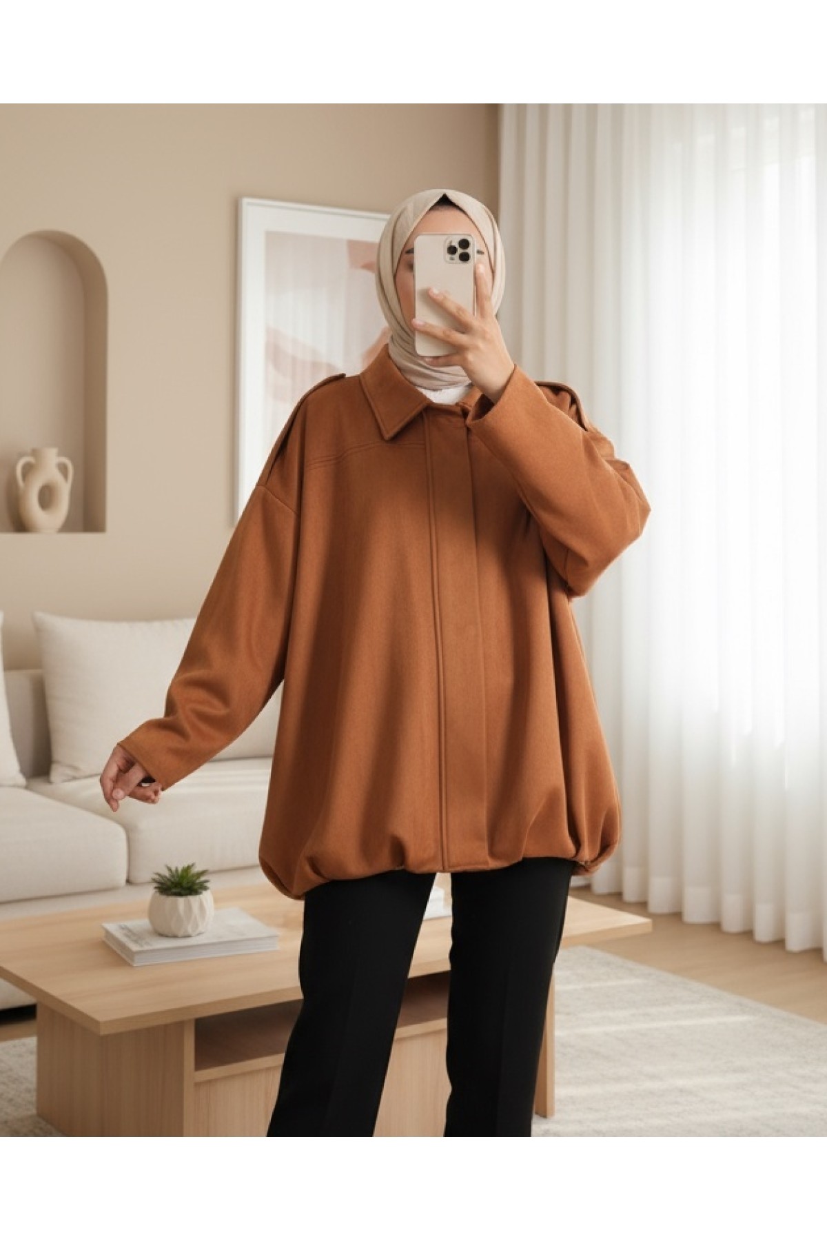 Moda Morfo Omzu Apoletli Önü Fermuarlı Astarlı Süet Ceket -Taba