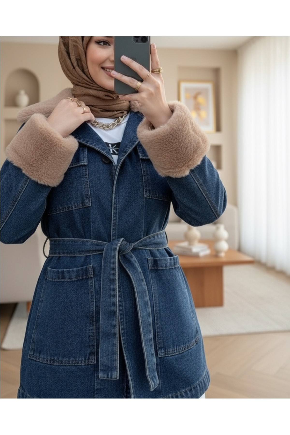 Moda Morfo Yakası Ve Kolu Kürklü Önü Bağlamalı Cepli Kot Ceket -İndigo görsel 5