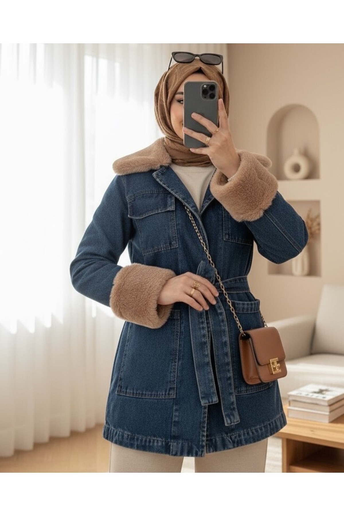 Moda Morfo Yakası Ve Kolu Kürklü Önü Bağlamalı Cepli Kot Ceket -İndigo görsel 6