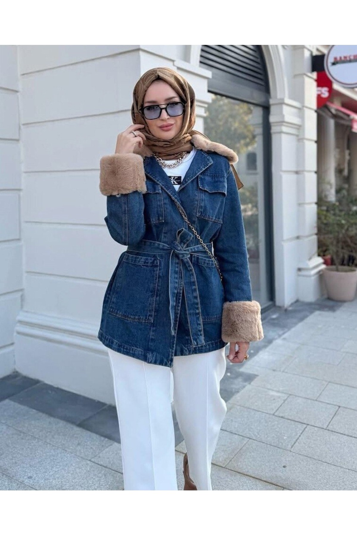 Moda Morfo Yakası Ve Kolu Kürklü Önü Bağlamalı Cepli Kot Ceket -İndigo görsel 7
