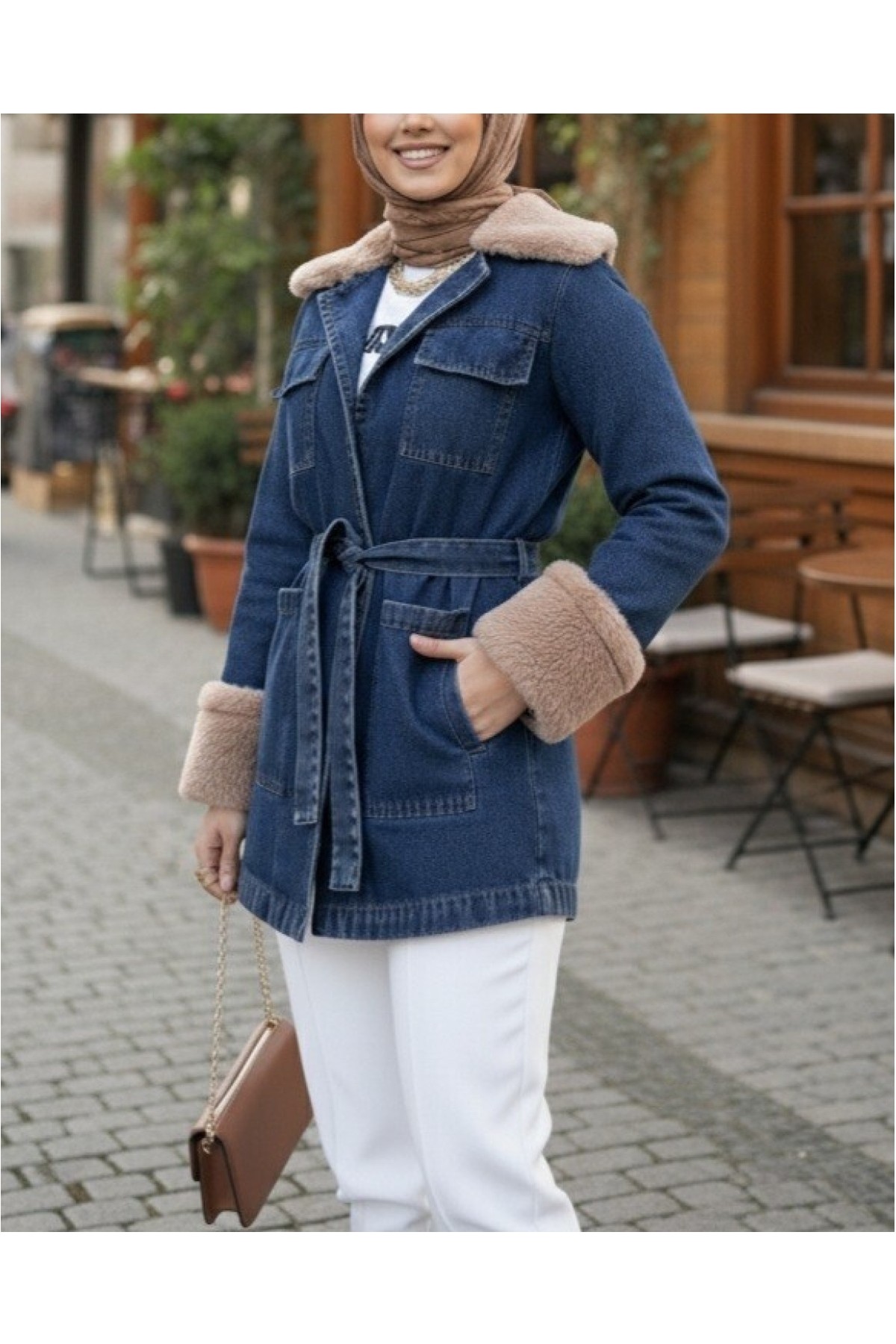 Moda Morfo Yakası Ve Kolu Kürklü Önü Bağlamalı Cepli Kot Ceket -İndigo görsel 8