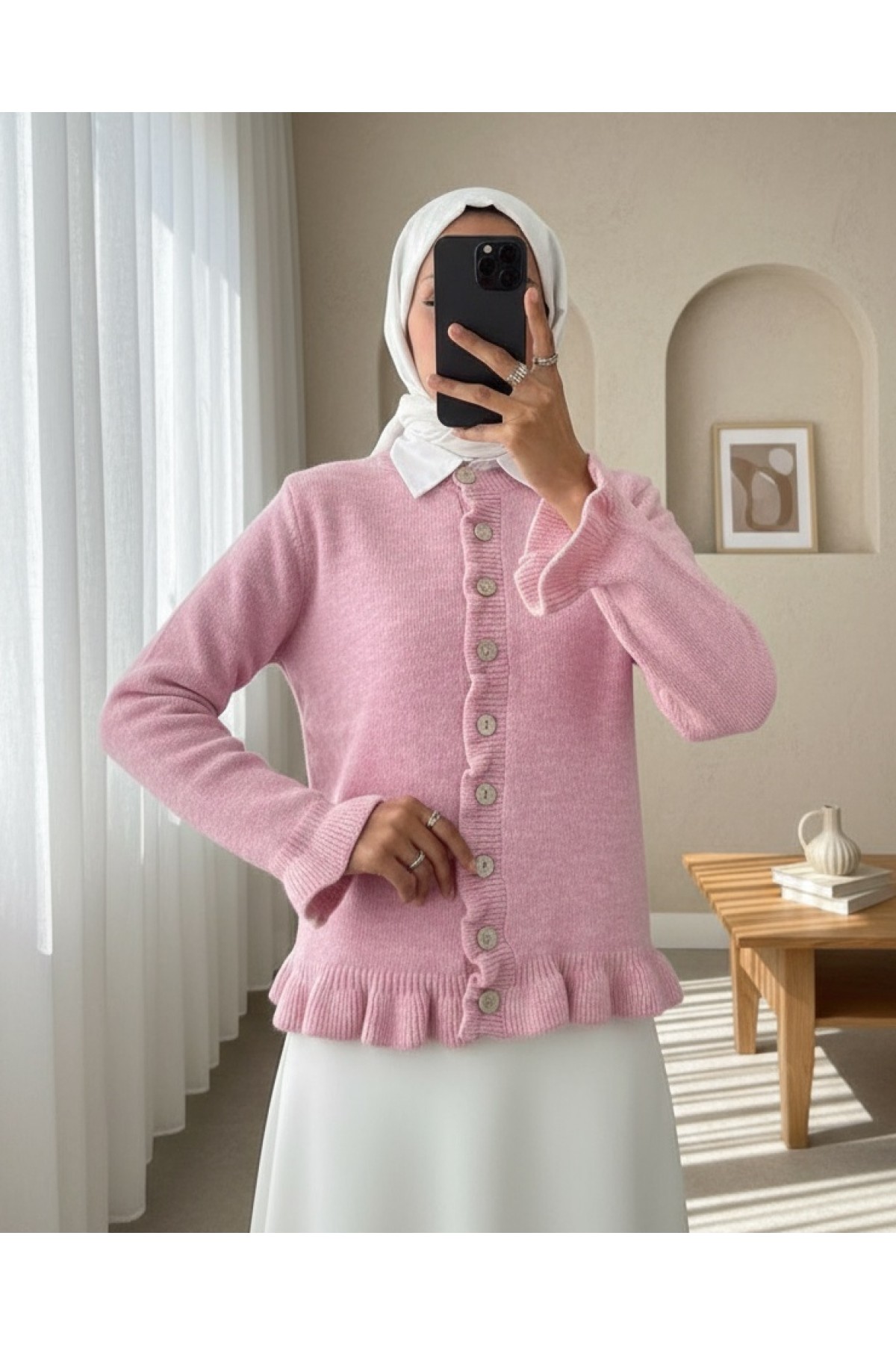 Moda Morfo Düğmeli Önü Ve Eteği Fırfırlı Hırka -Açık Sarı görsel 6