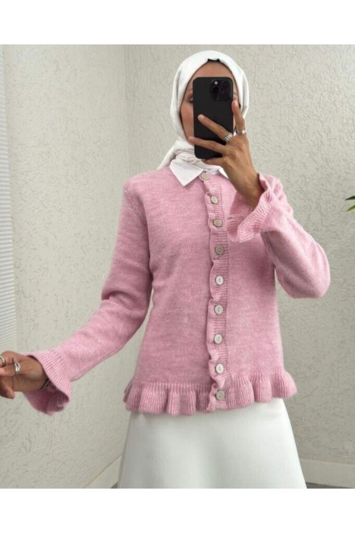 Moda Morfo Düğmeli Önü Ve Eteği Fırfırlı Hırka -Açık Sarı görsel 7