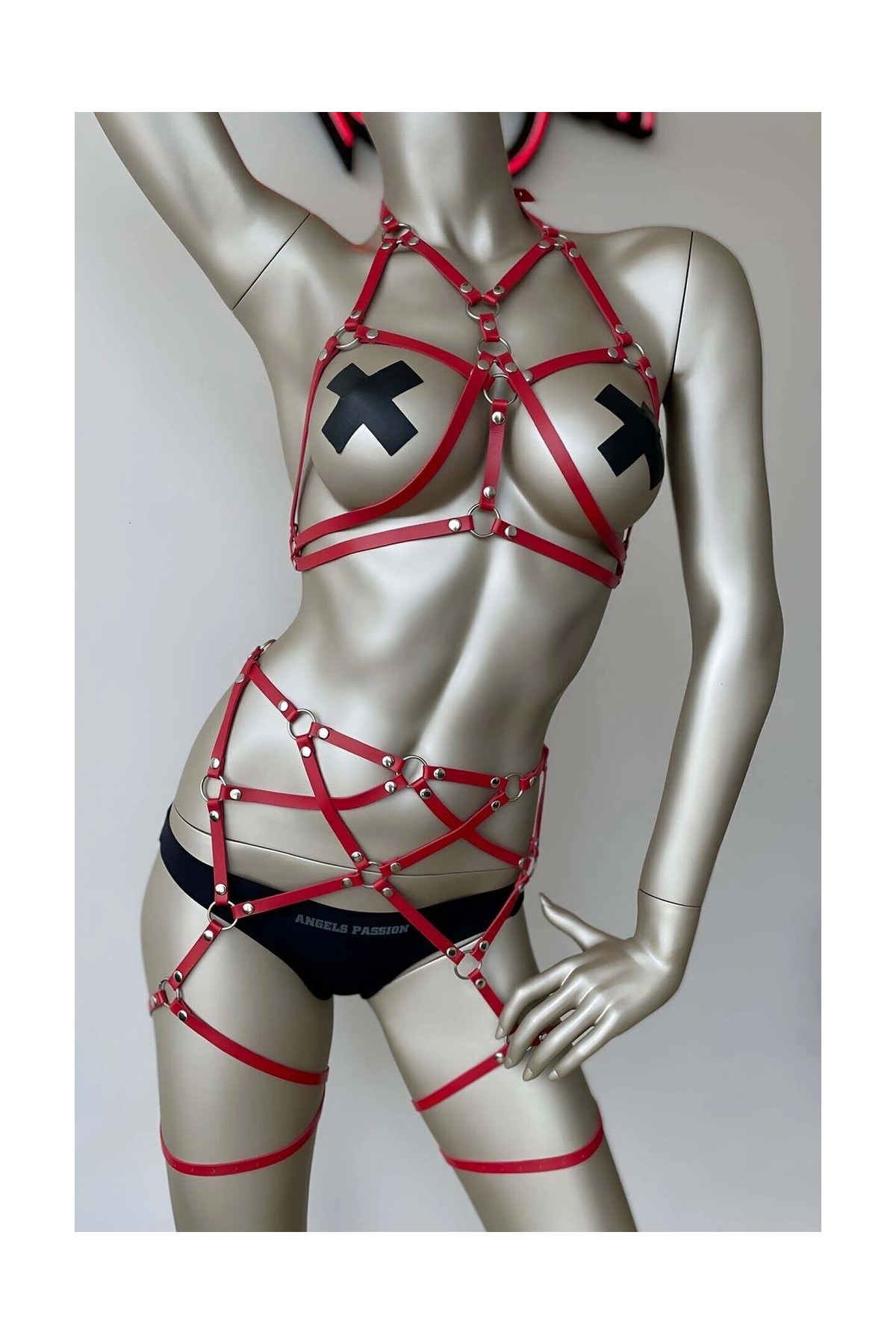 MTM My The Mall Giyim Kırmızı Deri Jartiyer Harness Takım
