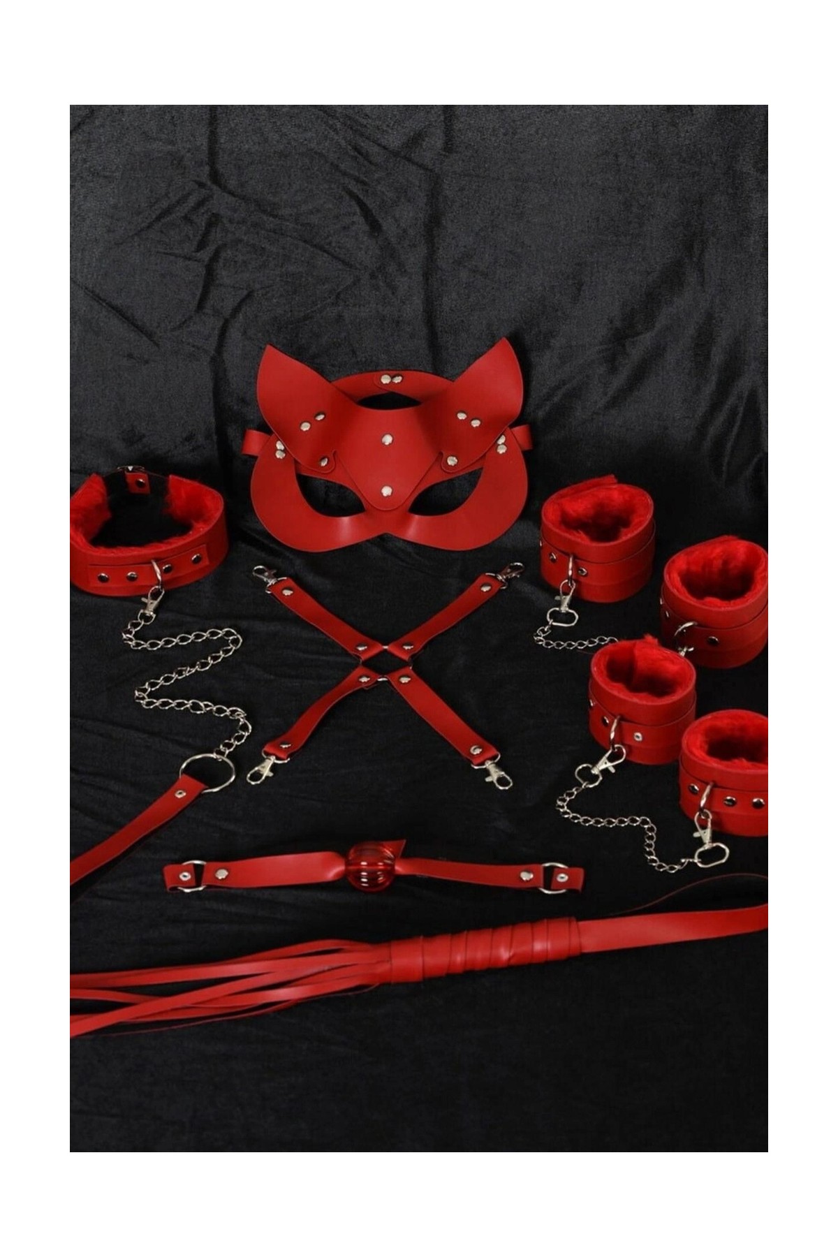 MTM My The Mall Giyim Kırmızı Içi Tüğlü Maske,kol,bacak,ağız Topu,kırbaç,tasma Set 700938
