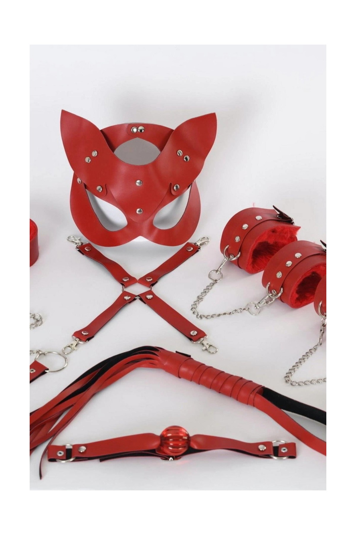 MTM My The Mall Giyim Kırmızı Içi Tüğlü Maske,kol,bacak,ağız Topu,kırbaç,tasma Set 700938 görsel 2