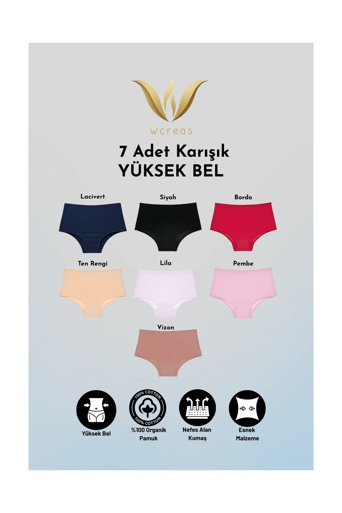wcreas Yüksek Bel Pamuklu Kadın Külot, 7'li Paket Pamuklu Yumuşak Kumaş Kadın Külot görsel 2