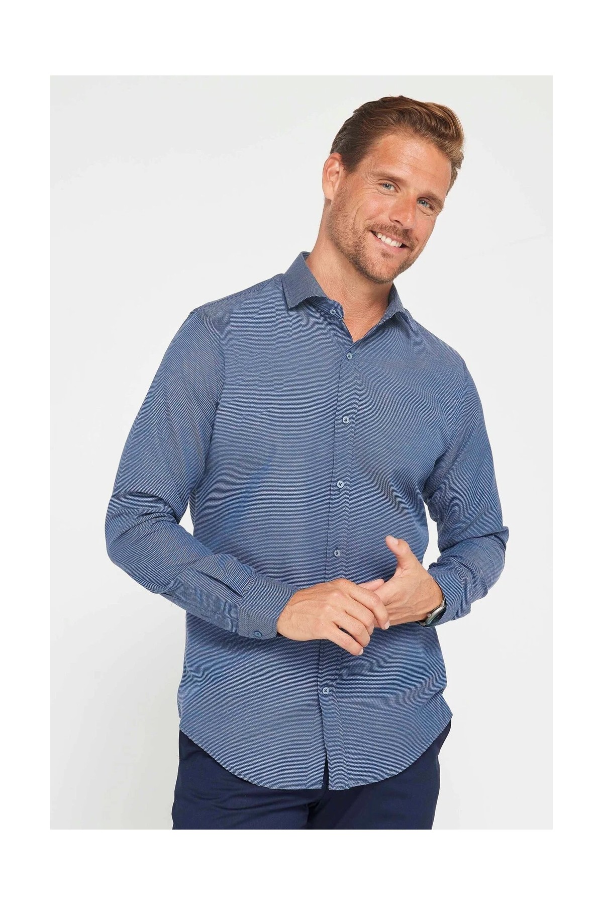 Tudors Erkek Slim Fit Dar Kesim Uzun Kollu Pamuklu Kolay Ütü Armürlü Lacivert Gömlek görsel 2