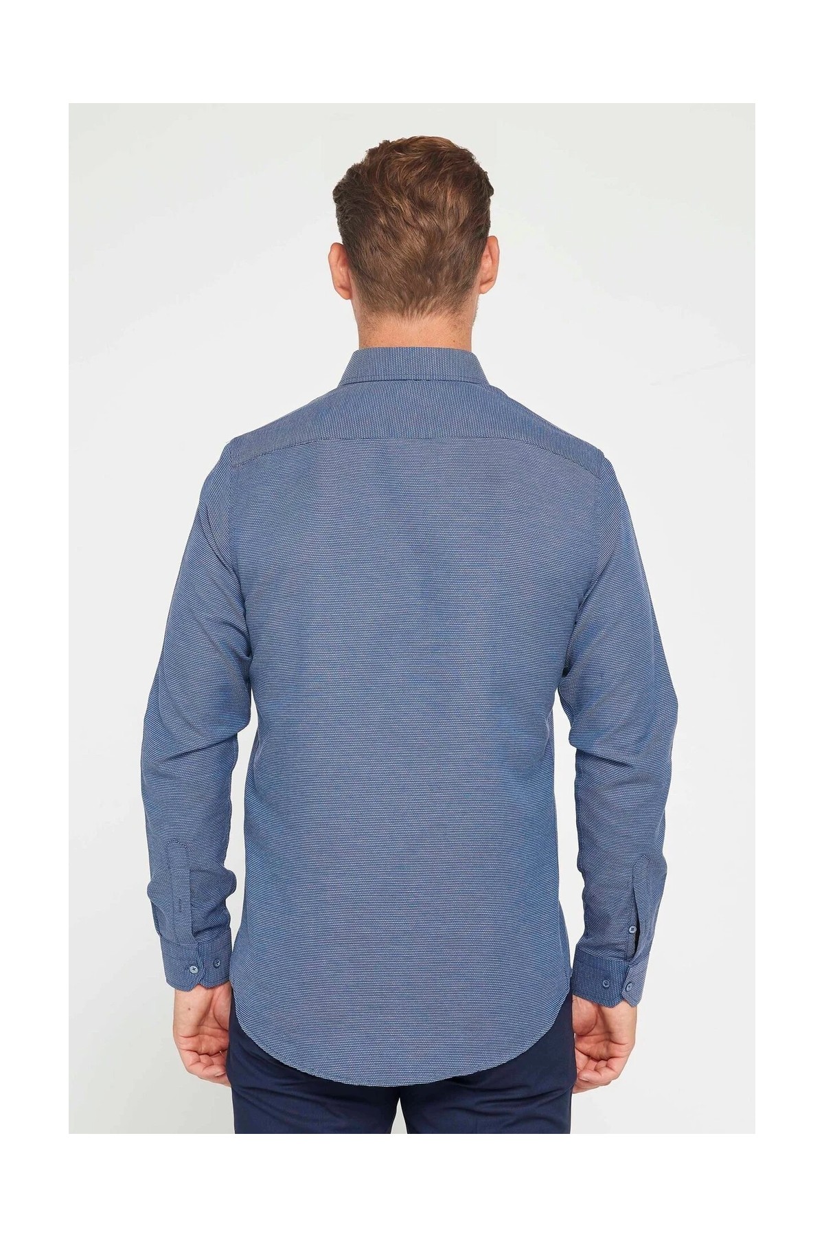Tudors Erkek Slim Fit Dar Kesim Uzun Kollu Pamuklu Kolay Ütü Armürlü Lacivert Gömlek görsel 5