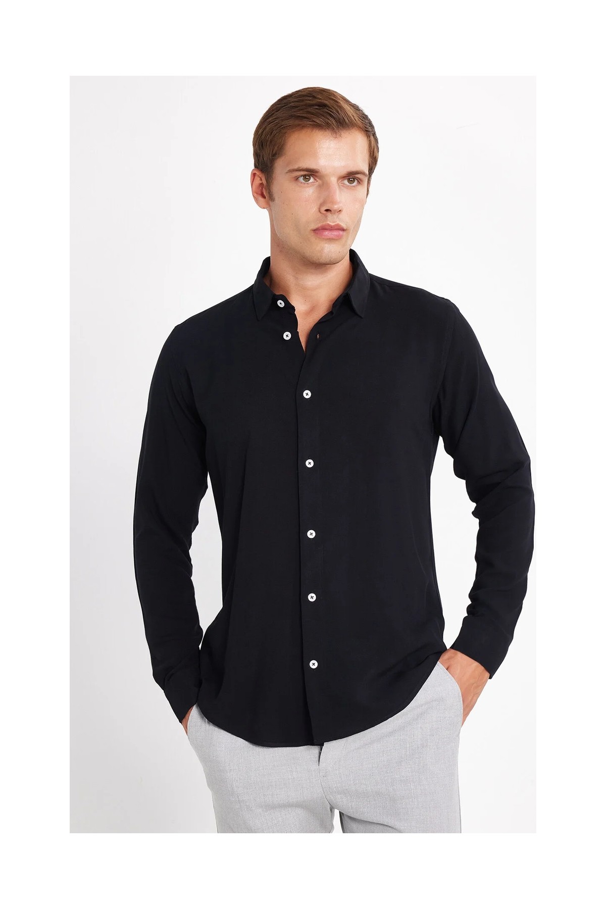 Tudors Slim Fit Uzun Kollu Dar Kesim Dökümlü Viskon Şık Erkek Siyah Gömlek