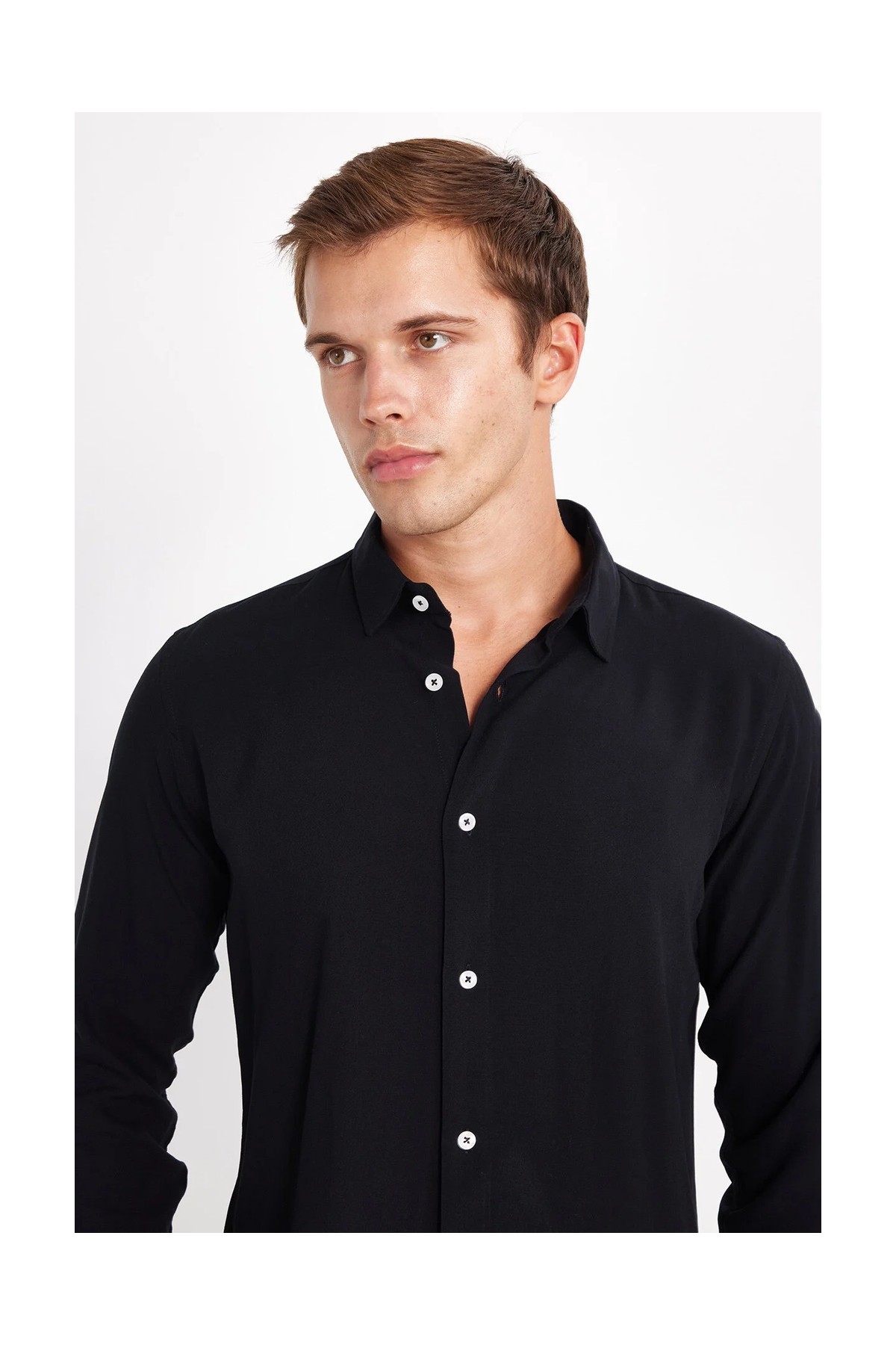 Tudors Slim Fit Uzun Kollu Dar Kesim Dökümlü Viskon Şık Erkek Siyah Gömlek görsel 2