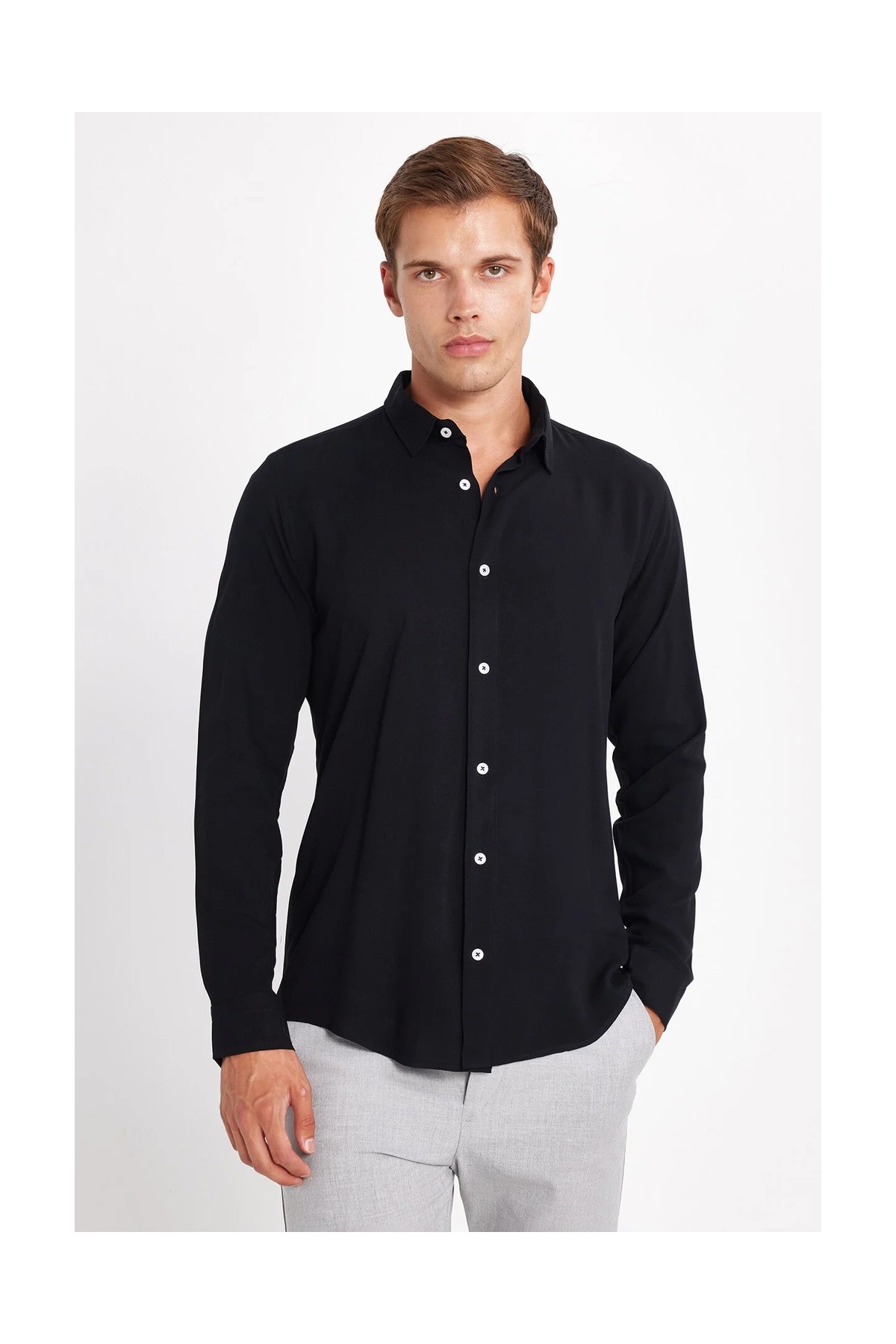 Tudors Slim Fit Uzun Kollu Dar Kesim Dökümlü Viskon Şık Erkek Siyah Gömlek görsel 4
