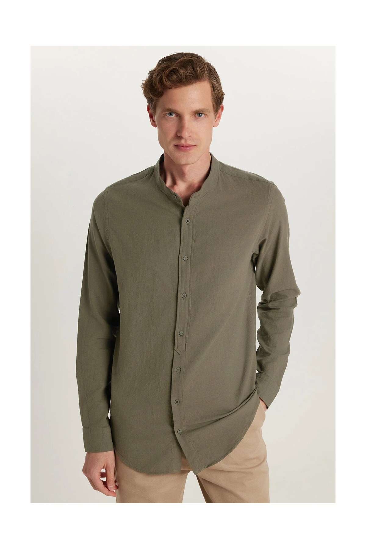Tudors Erkek Slim Fit Dar Kesim Uzun Kollu %100 Pamuk Keten Doku Hakim Yaka Beyaz Gömlek