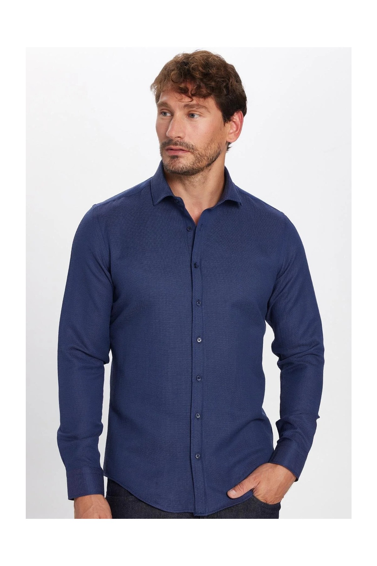 Tudors Erkek Slim Fit Dar Kesim Uzun Kollu Pamuklu Kolay Ütü Armürlü Lacivert Gömlek