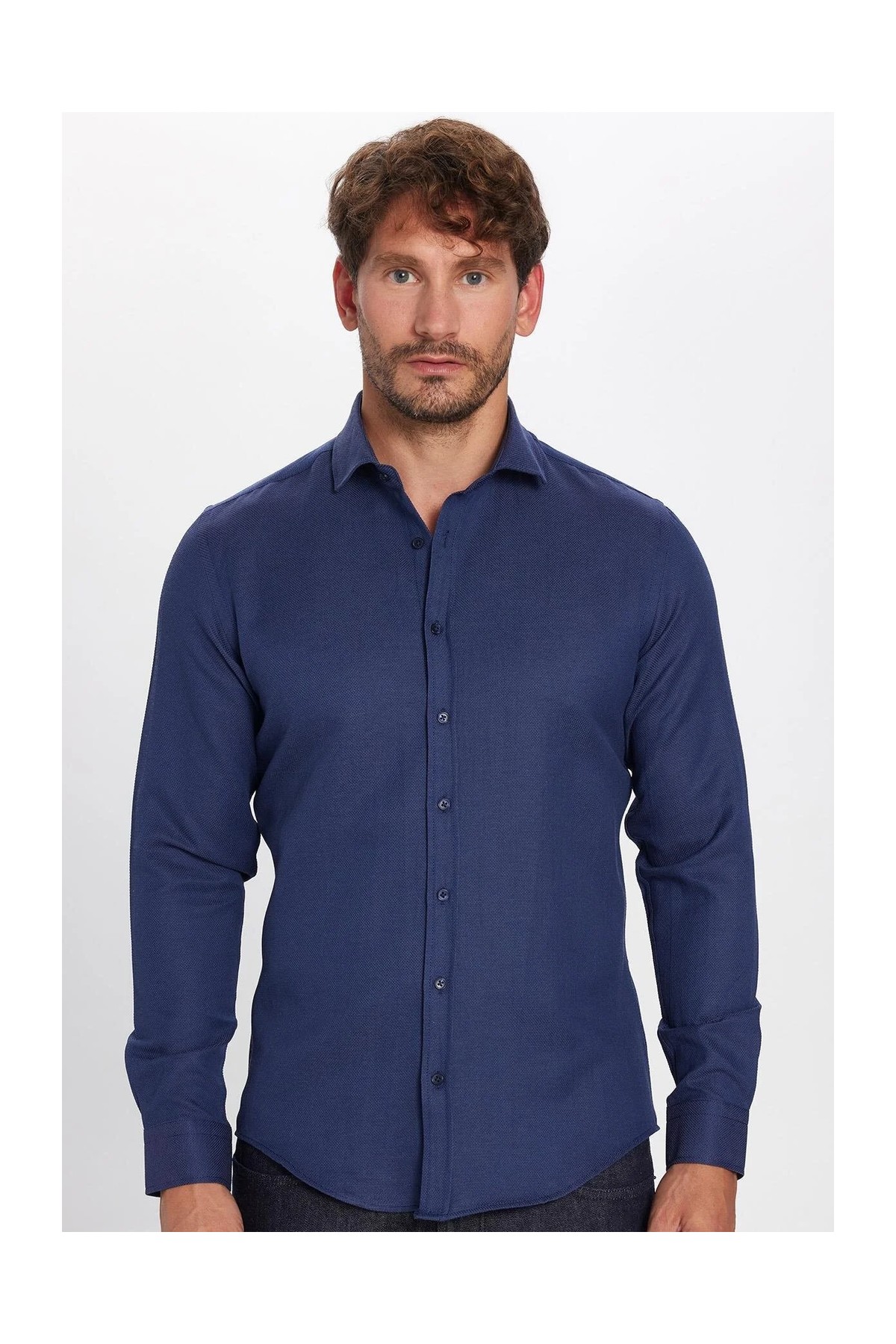 Tudors Erkek Slim Fit Dar Kesim Uzun Kollu Pamuklu Kolay Ütü Armürlü Lacivert Gömlek görsel 3