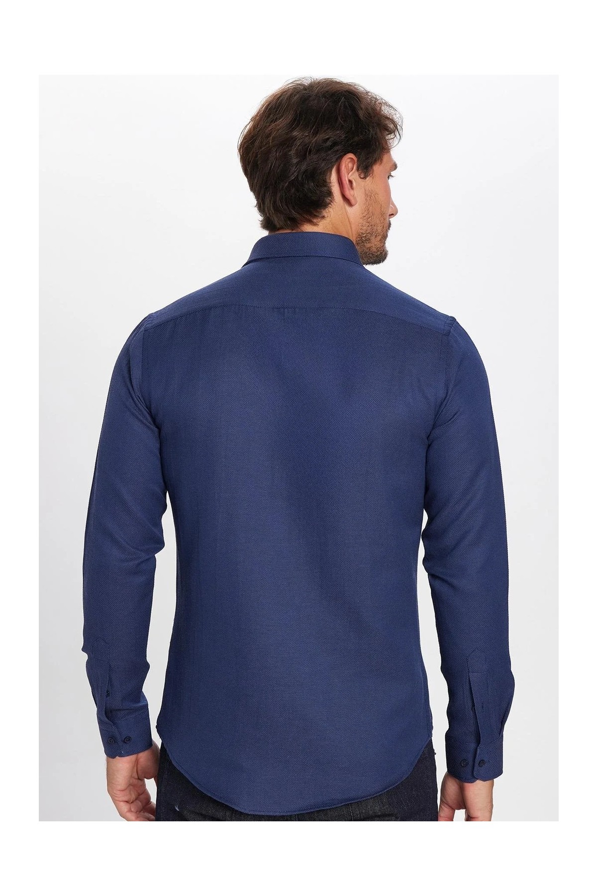 Tudors Erkek Slim Fit Dar Kesim Uzun Kollu Pamuklu Kolay Ütü Armürlü Lacivert Gömlek görsel 5