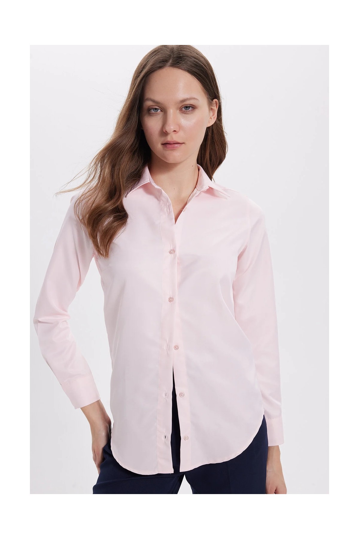 Tudors Kadın Slim Fit Dar Kesim Vücuda Oturan Uzun Kollu Pembe Basic Gömlek