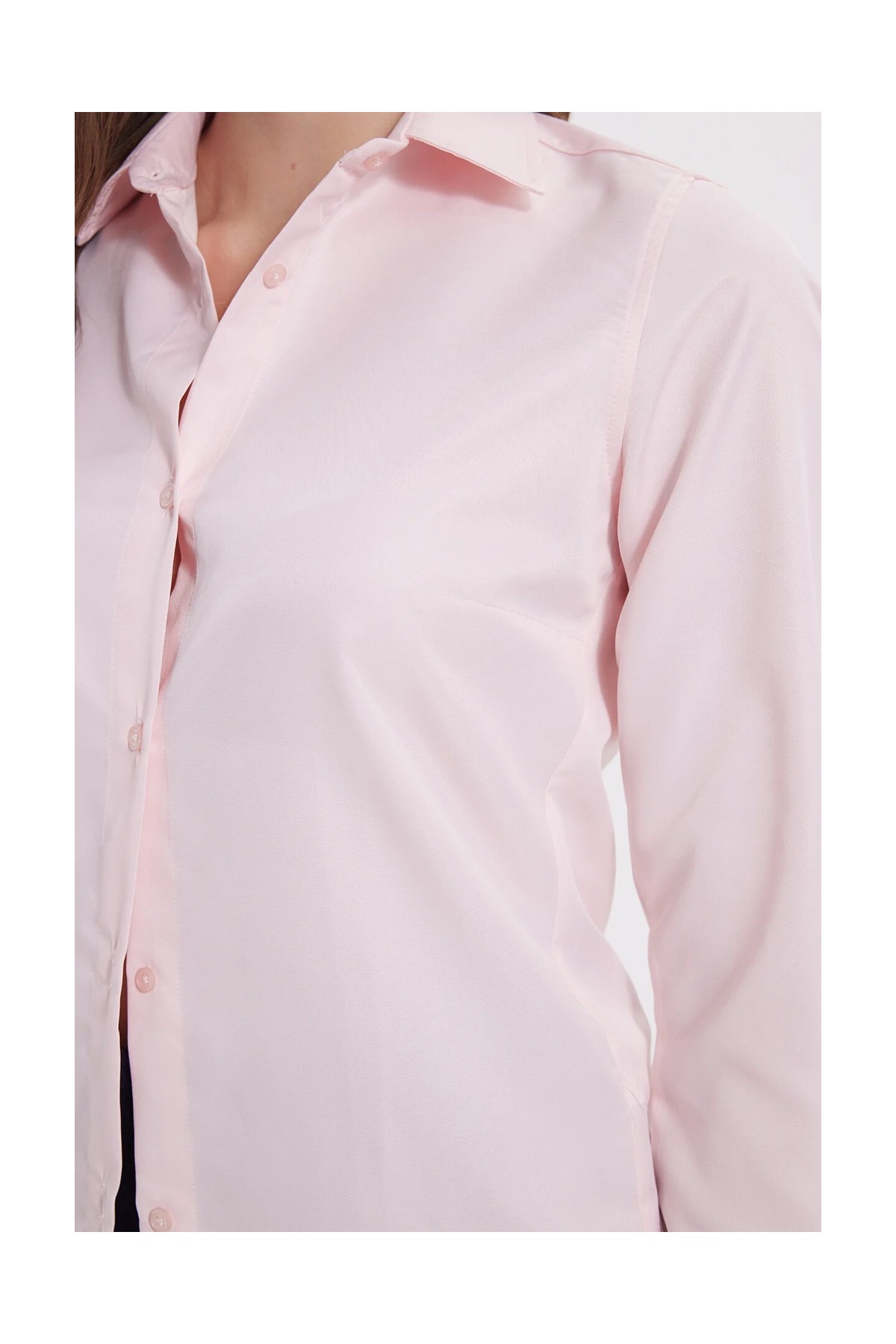 Tudors Kadın Slim Fit Dar Kesim Vücuda Oturan Uzun Kollu Pembe Basic Gömlek görsel 4