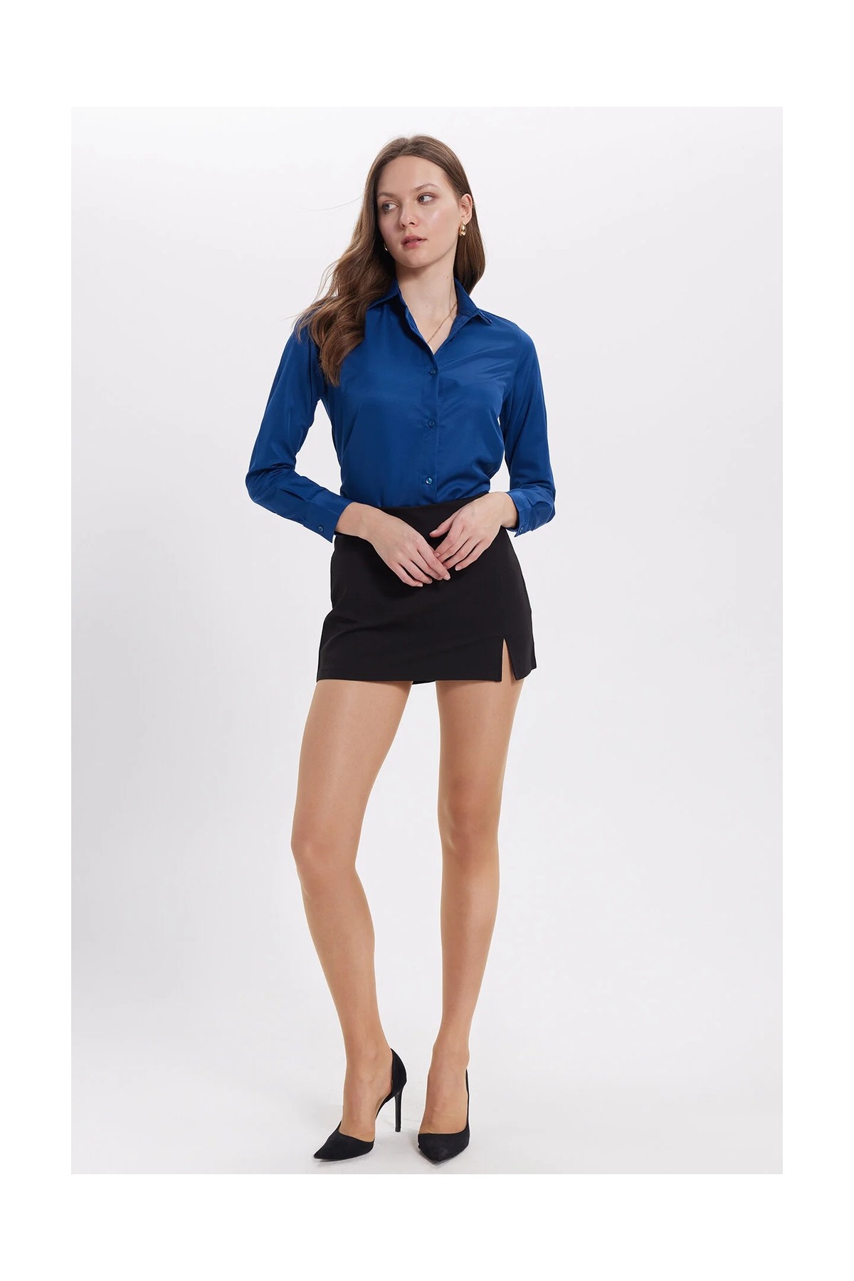 Tudors Kadın Slim Fit Dar Kesim Vücuda Oturan Uzun Kollu Lacivert Basic Gömlek görsel 3