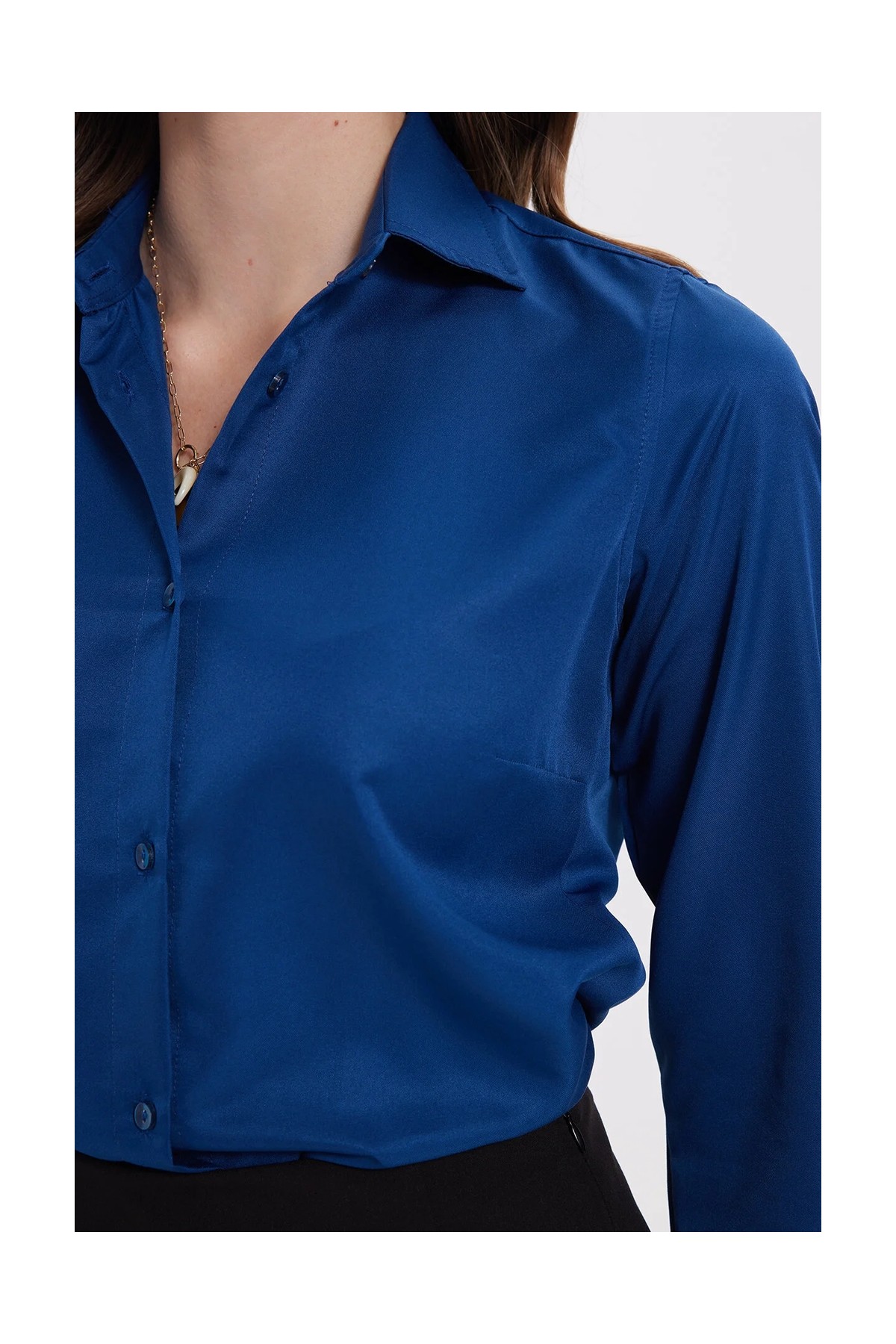 Tudors Kadın Slim Fit Dar Kesim Vücuda Oturan Uzun Kollu Lacivert Basic Gömlek görsel 4