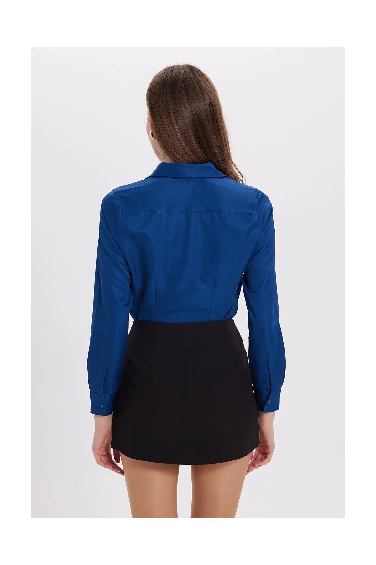 Tudors Kadın Slim Fit Dar Kesim Vücuda Oturan Uzun Kollu Lacivert Basic Gömlek görsel 5