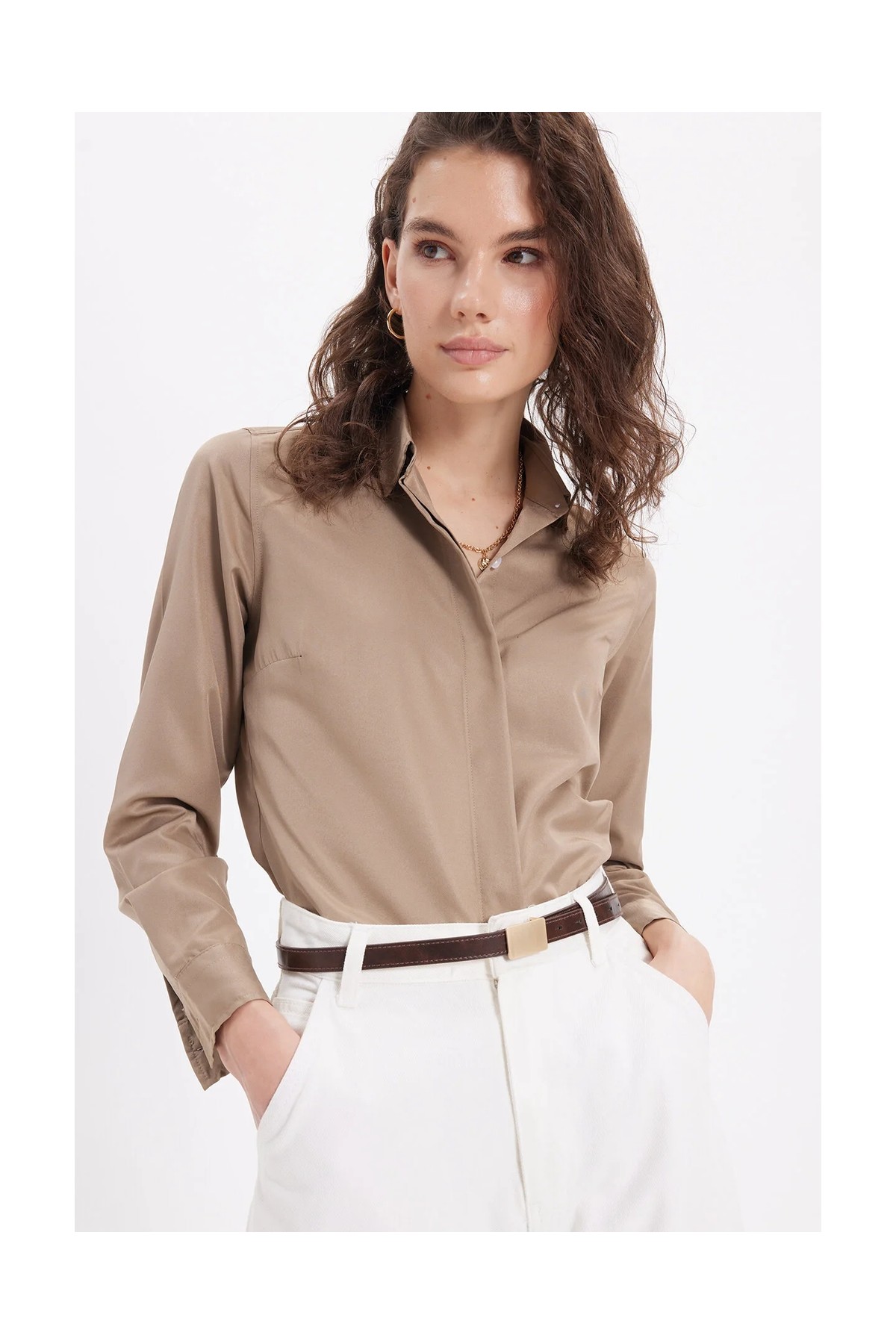 Tudors Kadın Slim Fit Dar Kesim Vucüda Oturan Uzun Kollu Gizli Düğme Detaylı Koyu Vizon Basic Gömlek görsel 4