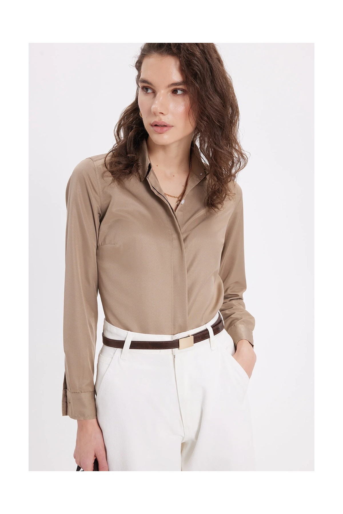 Tudors Kadın Slim Fit Dar Kesim Vucüda Oturan Uzun Kollu Gizli Düğme Detaylı Koyu Vizon Basic Gömlek görsel 5
