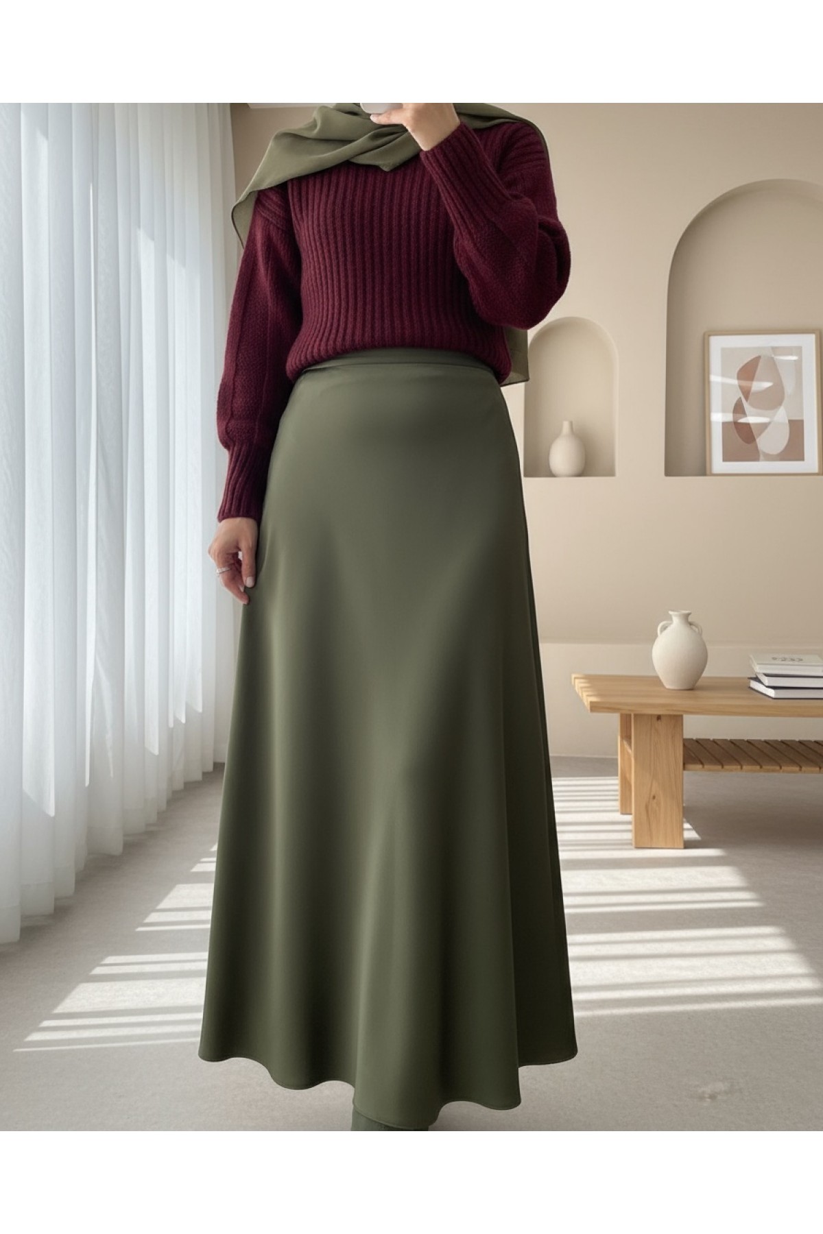 Moda Morfo Beli Lastikli Saten Etek -Zümrüt