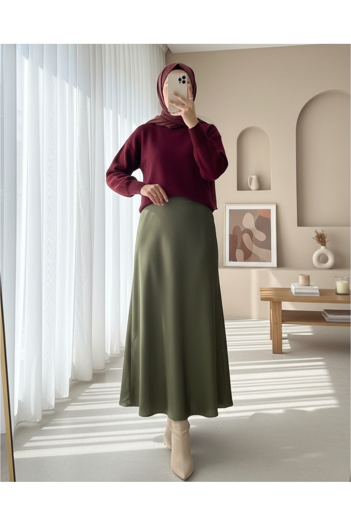 Moda Morfo Beli Lastikli Saten Etek -Zümrüt görsel 2