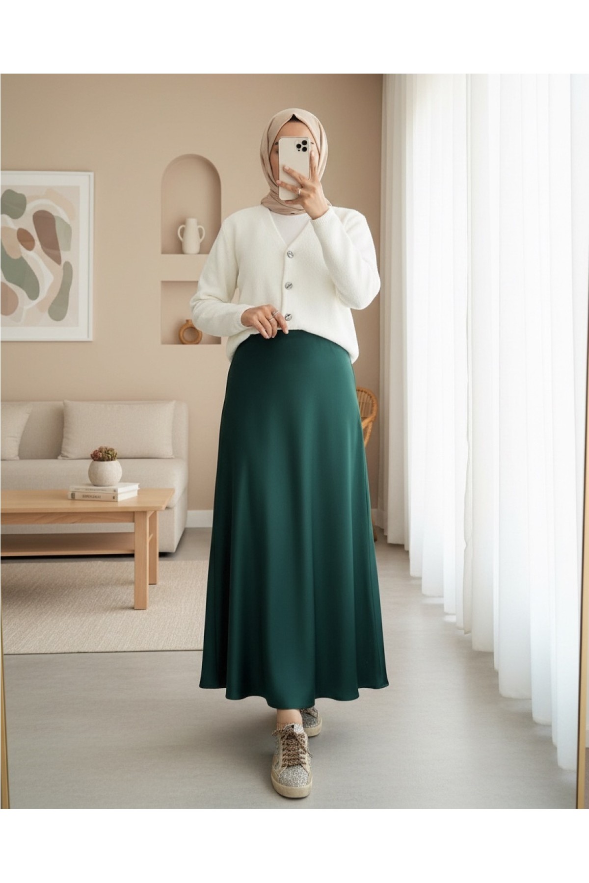 Moda Morfo Beli Lastikli Saten Etek -Zümrüt görsel 7
