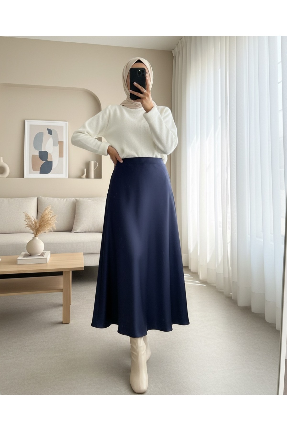 Moda Morfo Beli Lastikli Saten Etek -Zümrüt görsel 8