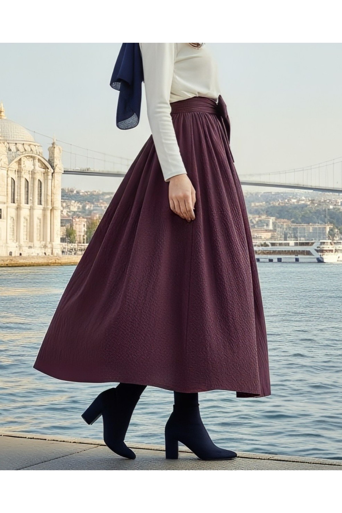 Moda Morfo Piliseli Kemerli Paraşüt Etek -Bej