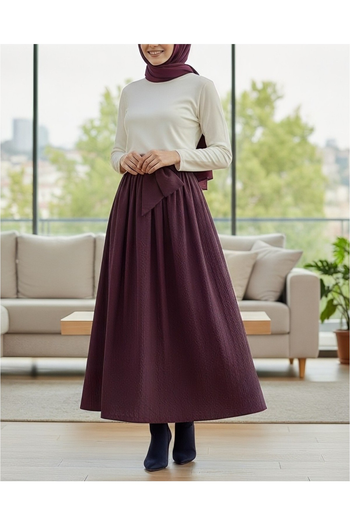 Moda Morfo Piliseli Kemerli Paraşüt Etek -Bej görsel 2