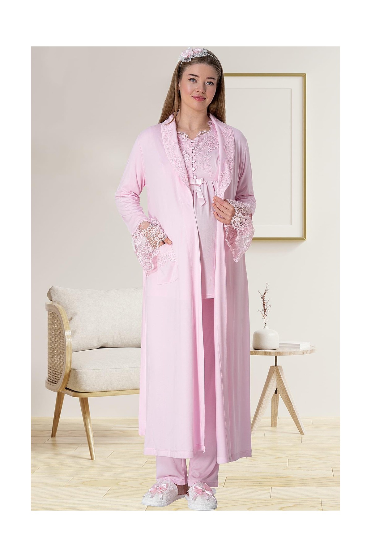 Mecit Pijama Mecit 5416 Pembe Uzun Sabahlıklı Lohusa Pjama Takımı görsel 5