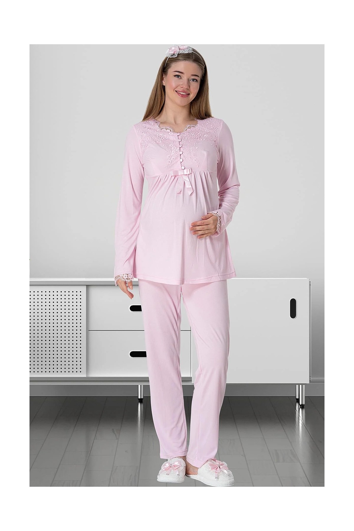 Mecit Pijama Mecit 5416 Pembe Uzun Sabahlıklı Lohusa Pjama Takımı görsel 6