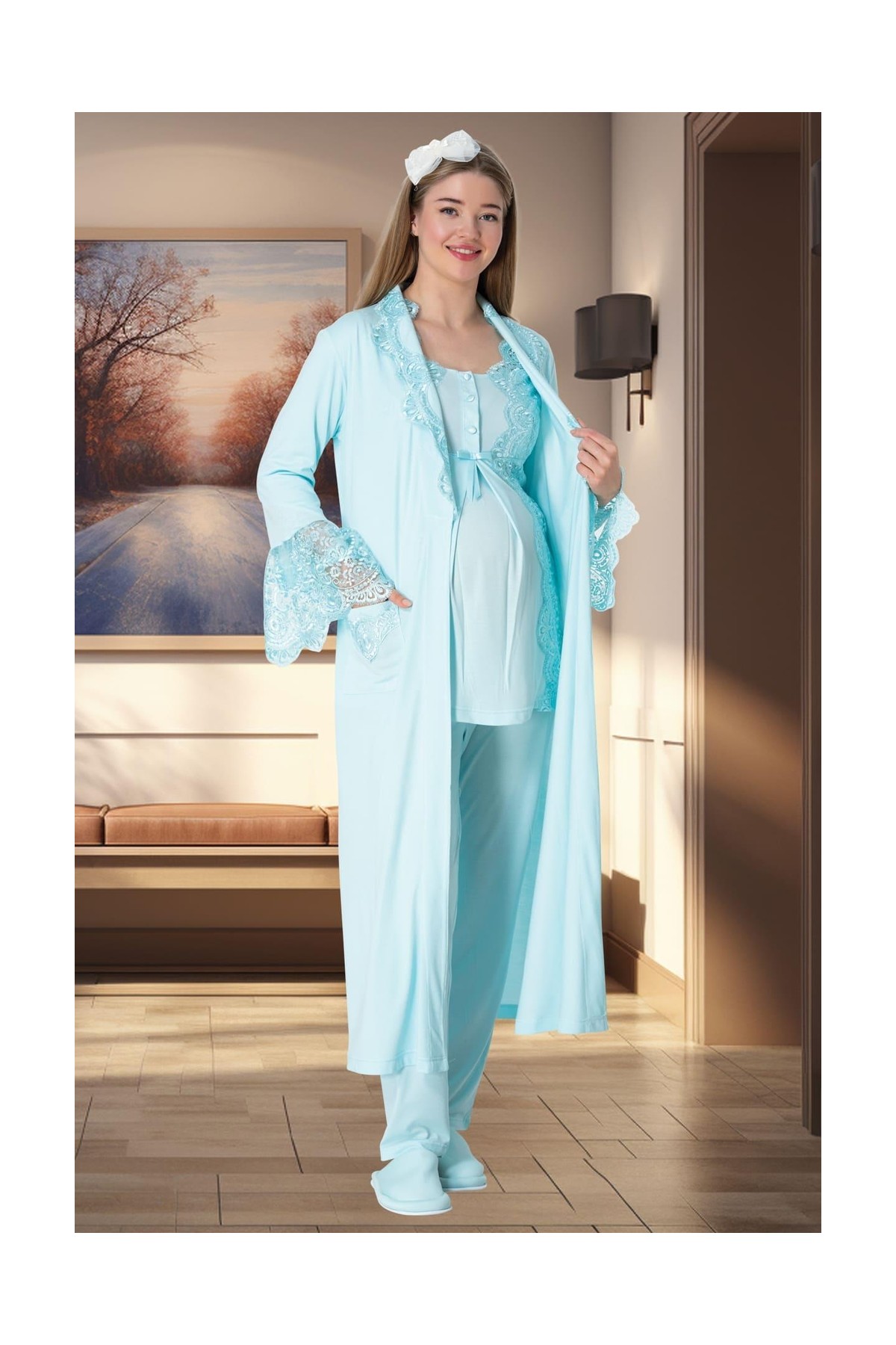 By Mecit Pijama Mecit 5353 Turkuaz Sabahlıklı Lohusa Pijama Takımı