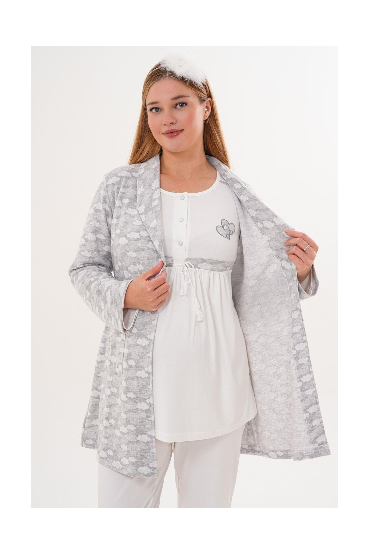 Mecit Pijama Mecit 6100 Gri Sabahlıklı Şardonlu Hamile Lohusa Pijama Takımı görsel 6