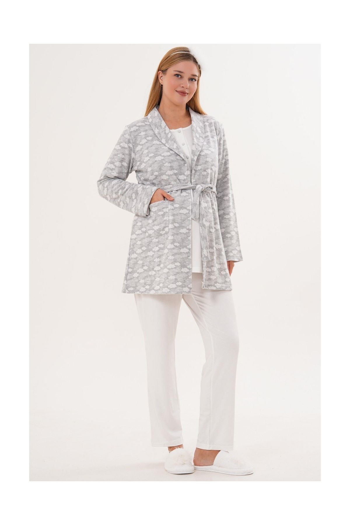 Mecit Pijama Mecit 6100 Gri Sabahlıklı Şardonlu Hamile Lohusa Pijama Takımı görsel 7
